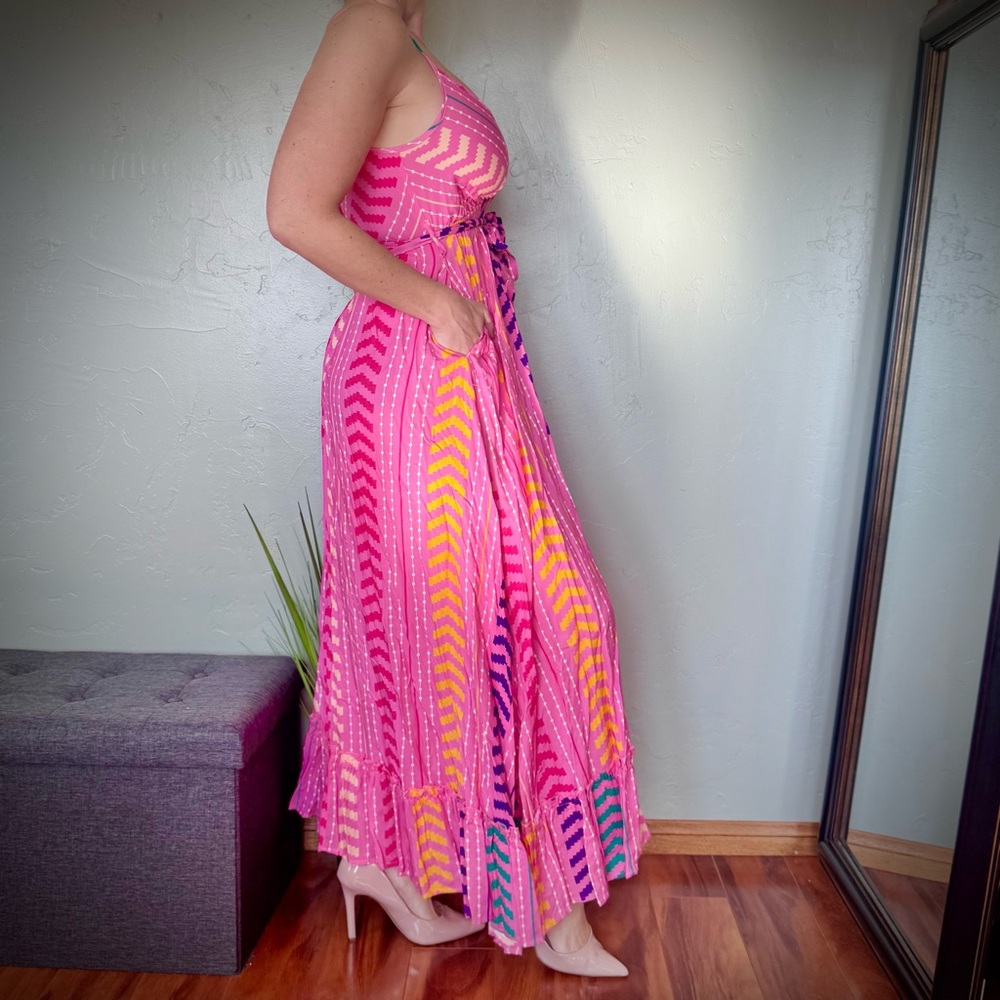 Cupshe Vibrant Pink Sleeveless Chevron Print Maxi Dress w/Pockets - Picture 8 of 14